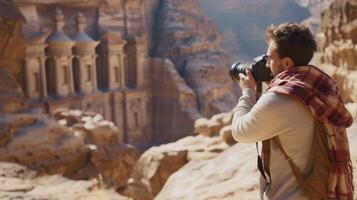 ai generato un' giovane uomo a partire dal il mezzo est, con un' orgoglioso espressione e un' telecamera, è assunzione fotografie di il paesaggio nel petra, Giordania