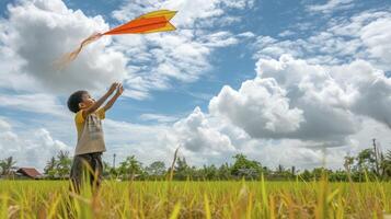 ai generato un' giovane sud-est asiatico ragazzo è volante un' fatto a mano aquilone nel un' riso campo nel Vietnam foto