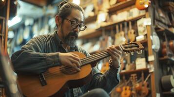 ai generato un est asiatico uomo nel il suo anni '30, con bicchieri e un' barba, è giocando un' shamisen nel un' musica memorizzare nel tokyo foto