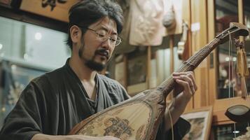 ai generato un est asiatico uomo nel il suo anni '30, con bicchieri e un' barba, è giocando un' shamisen nel un' musica memorizzare nel tokyo foto