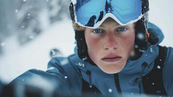 ai generato un' giovane scandinavo uomo con biondo capelli e blu occhi è sciare giù un' pendenza nel Norvegia foto