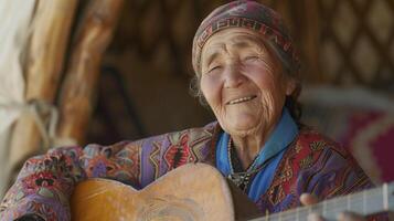 ai generato un anziano donna a partire dal centrale Asia, con un' soddisfare espressione e un' tradizionale strumento, è giocando musica nel un' yurta nel Kyrgyzstan foto