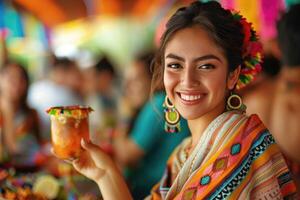 ai generato latino donna nel tradizionale messicano vestito danza a parata o culturale Festival nel Messico latino America, ai generato foto