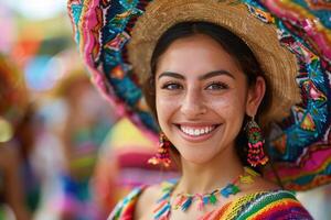 ai generato latino donna nel tradizionale messicano vestito danza a parata o culturale Festival nel Messico latino America, ai generato foto