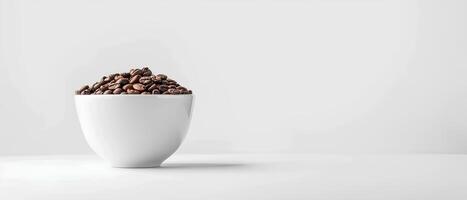 ai generato minimalista sfondo con caffè fagioli e un' tazza di caldo caffè espresso, bianca spazio per testo o design su il sinistra lato, superiore view.style. bianca vuoto spazio per un pubblicità bandiera foto