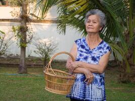 un' anziano donna trasporto un' cestino, sorridente e guardare a il telecamera mentre in piedi nel un' giardino. spazio per testo. concetto di anziano persone e rilassamento foto