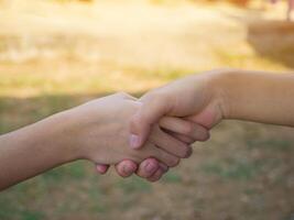 avvicinamento di stretta di mano con natura sfondo. spazio per testo. concetto di associazione e unità foto