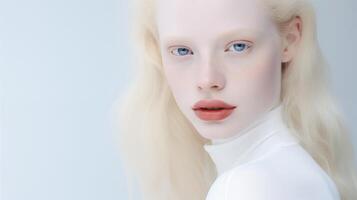 ritratto di bellissimo albino adolescente ragazza con ingenuo facciale espressione e paffuto rosso labbra. naturale bellezza con raggiante salutare pelle. pubblicità di cosmetici, profumi foto