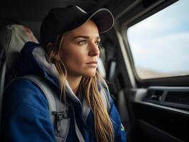 femmina camion autista a opera avvicinamento. donna carriera concetto foto