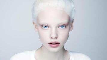 ritratto di bellissimo albino adolescente ragazza con ingenuo facciale espressione e paffuto rosso labbra. naturale bellezza con raggiante salutare pelle. pubblicità di cosmetici, profumi foto