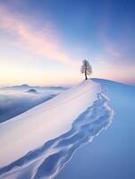 maestoso innevato albero in piedi su un' collina. inverno paesaggio foto