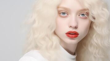 ritratto di bellissimo albino adolescente ragazza con ingenuo facciale espressione e paffuto rosso labbra. naturale bellezza con raggiante salutare pelle. pubblicità di cosmetici, profumi foto