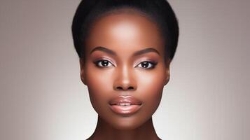 bellissimo giovane nero donna con raggiante salutare pelle avvicinamento. pubblicità di cosmetici, profumi, copia spazio foto