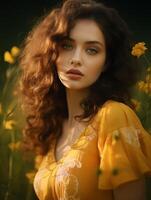bellissimo dagli occhi marroni donna con buio Riccio capelli nel giallo vestito contro estate natura sfondo foto