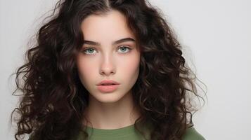 ritratto di bellissimo adolescente ragazza con verde occhi, Marrone Riccio capelli, ingenuo facciale espressione. naturale bellezza con raggiante salutare pelle. pubblicità di cosmetici, profumi foto