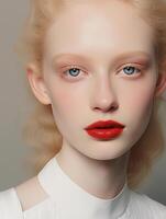ritratto di un' giovane bellissimo albino donna con rosso rossetto. naturale bellezza avvicinamento di un' superiore modello con raggiante salutare pelle. pubblicità di cosmetici, profumi foto