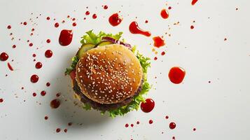 ai generato superiore Visualizza di succoso hamburger con fresco condimenti, circondato di artistico spruzzi di ketchup su bianca sfondo foto