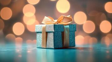 ai generato festivo regalo scatola illuminato di bokeh sfondo per gioioso occasioni e sentito saluti. creato con generativo ai foto