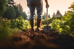 ai generato dedito agricoltori coltivando il terra Abbracciare una persona giardinaggio e agricoltura per un' sostenibile futuro. creato con generativo ai foto