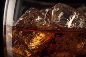 ai generato rinfrescante Coca Cola diletto un' avvicinamento Visualizza di un' scintillante Coca Cola bevanda con scintillante ghiaccio cubi. creato con generativo ai foto