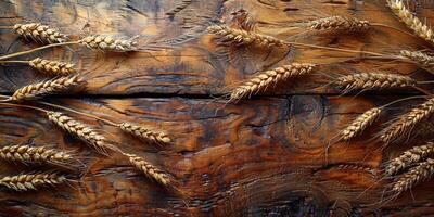 ai generato di legno sfondo con orecchie di grano, eco sfondo foto