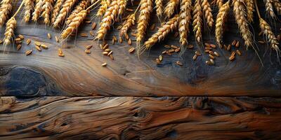 ai generato di legno sfondo con orecchie di grano, eco sfondo foto