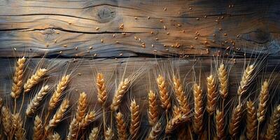 ai generato di legno sfondo con orecchie di grano, eco sfondo foto