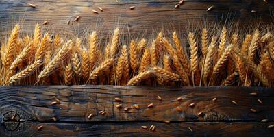 ai generato di legno sfondo con orecchie di grano, eco sfondo foto