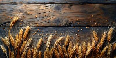 ai generato di legno sfondo con orecchie di grano, eco sfondo foto