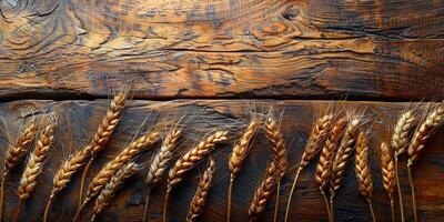 ai generato di legno sfondo con orecchie di grano, eco sfondo foto