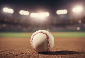 ai generato un' baseball palla su il terra, sfocato stadio sfondo foto