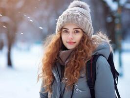 ai generato un' giovane donna con rosso capelli nel un' inverno cappotto al di fuori foto