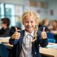 ai generato un' bionda scuola ragazza dando il pollici su nel un' aula foto