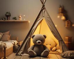 ai generato bambini camera con giocare tenda e felpa giocattoli illuminato di caldo luci. giocare la zona per bambini con morbido orso. generativo ai foto