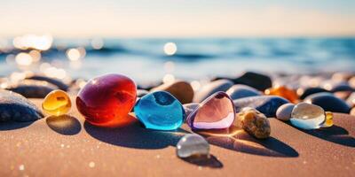 ai generato colorato mare bicchiere ciottoli su il sabbioso spiaggia. liscio bicchiere pietre di mare. generativo ai foto