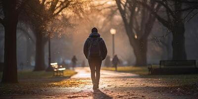 ai generato solitario uomo figura con zaino a piedi a Alba con raggiante luce. tranquillo, calmo mattina camminare nel parco. generativo ai foto