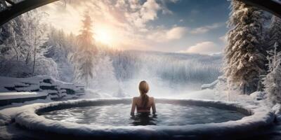 ai generato donna rilassante nel un' caldo vasca con nevoso foresta Visualizza. tranquillo ritiro nel neve. generativo ai foto
