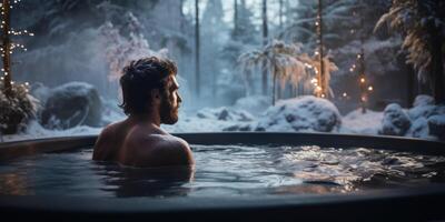 ai generato giovane uomo rilassante nel caldo vasca nel inverno. silenzioso momento nel terme nel foresta sera. generativo ai foto