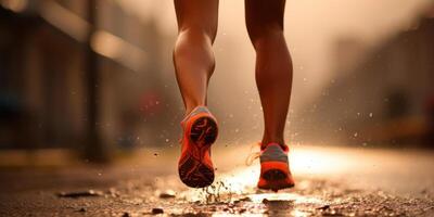 ai generato urbano mattina correre. avvicinamento di corridore piedi su bagnato asfalto. persona jogging nel città nel il mattina. generativo ai foto