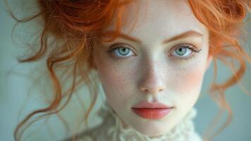 ai generato ritratto di un' bellissimo dai capelli rossi donna con lentiggini foto
