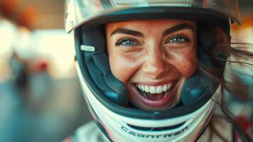 ai generato avvicinamento ritratto di un' sorridente femmina motociclista indossare casco. foto