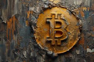 ai generato d'oro bitcoin cartello su un vecchio arrugginito metallo sfondo, vicino su foto