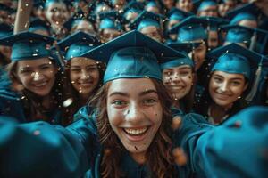 ai generato contento scuola studenti, grande momenti e ricordi, aula, entusiasmo per apprendimento, festeggiare il viaggio di formazione scolastica pieno con risata e amicizia. foto