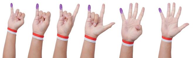 gruppo di mano indossare bandiera nastro su polso mostrando poco dito immerso nel viola inchiostro dopo voto per Indonesia elezione o pemilù mentre Tenere mini bandiera, isolato al di sopra di bianca sfondo foto