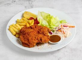 pollo cotoletta o chop con insalata, lime e francese patatine fritte servito nel piatto isolato superiore Visualizza di Singapore cibo foto