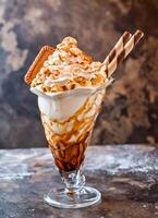 loto biscoff coppa di gelato guarnita frappè con cioccolato, frustato crema e cannuccia servito nel bicchiere isolato su buio sfondo lato Visualizza di salutare bevanda foto