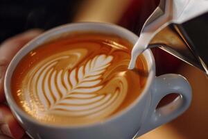 persona scrosciante latte in tazza di caffè foto