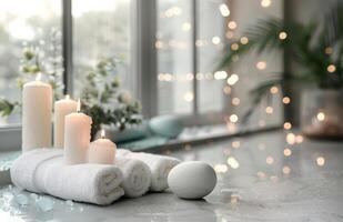 asciugamani e candele su un' tavolo di finestra foto