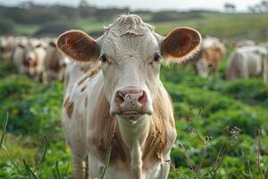 ai generato mucca pascolo su campo, mangiare verde erba su pascolo foto