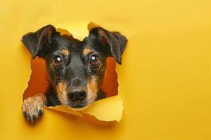 ai generato cane sbirciando su attraverso strappato buco nel giallo carta sfondo foto